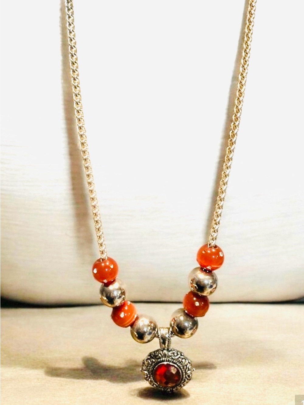 Autumn Amber Silver Necklace with Beads and Pendant
